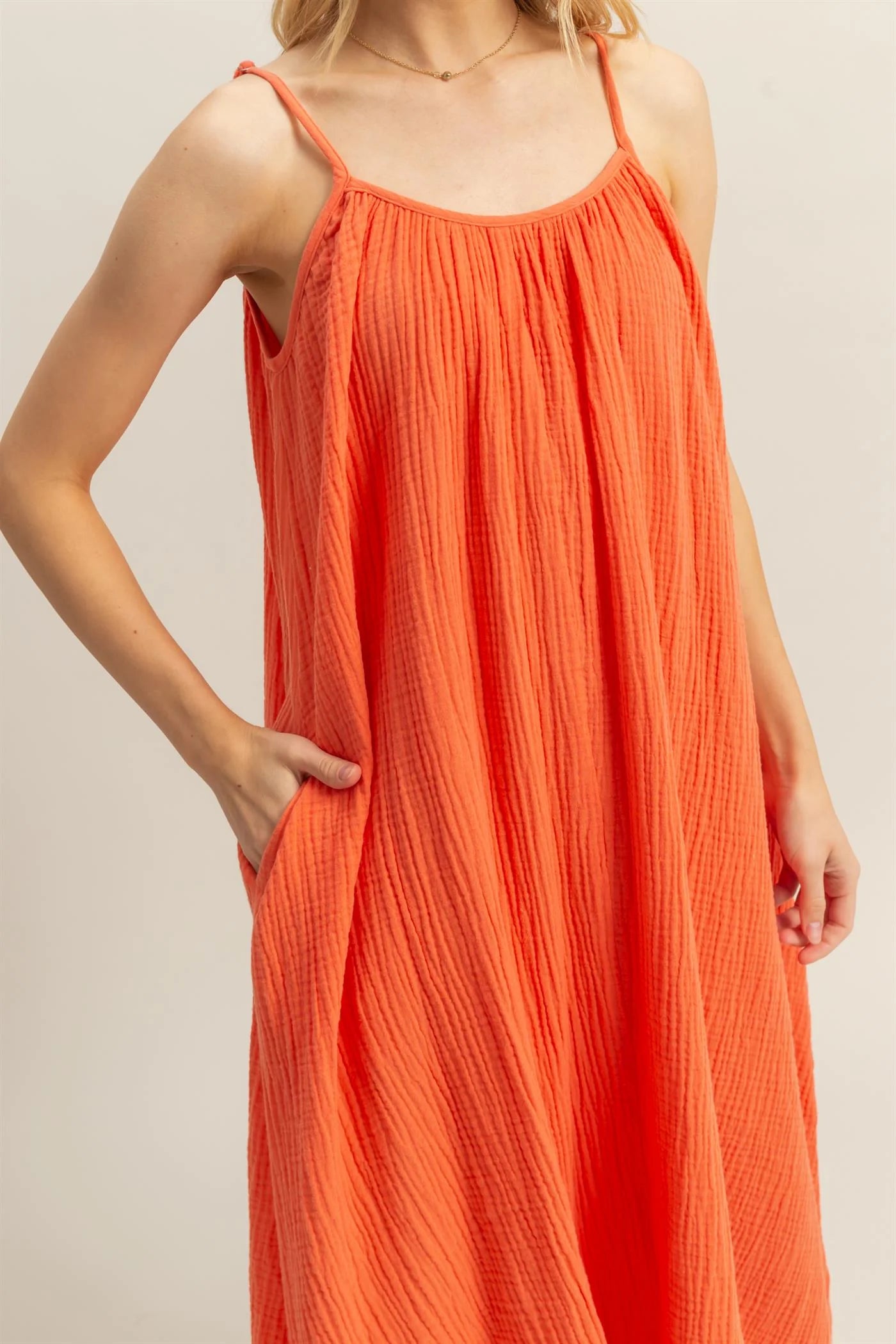 Shirring Neckline Sleeveless Flowy Dress