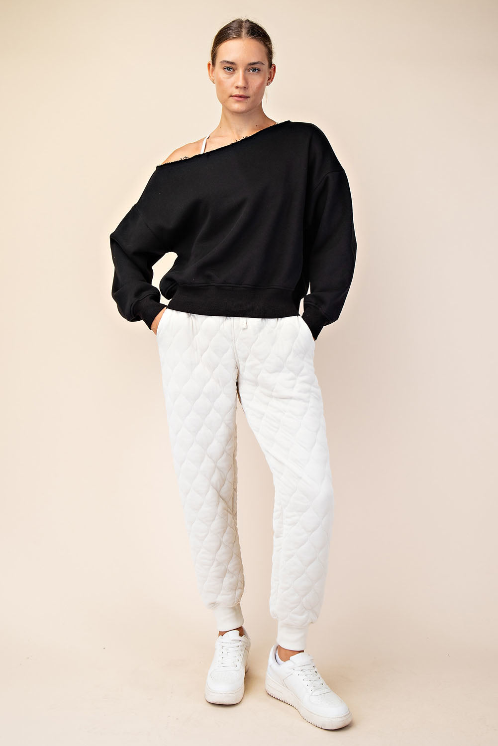 FRENCH TERRY FLEECE OFF SHOULDER SWEATSHIRT