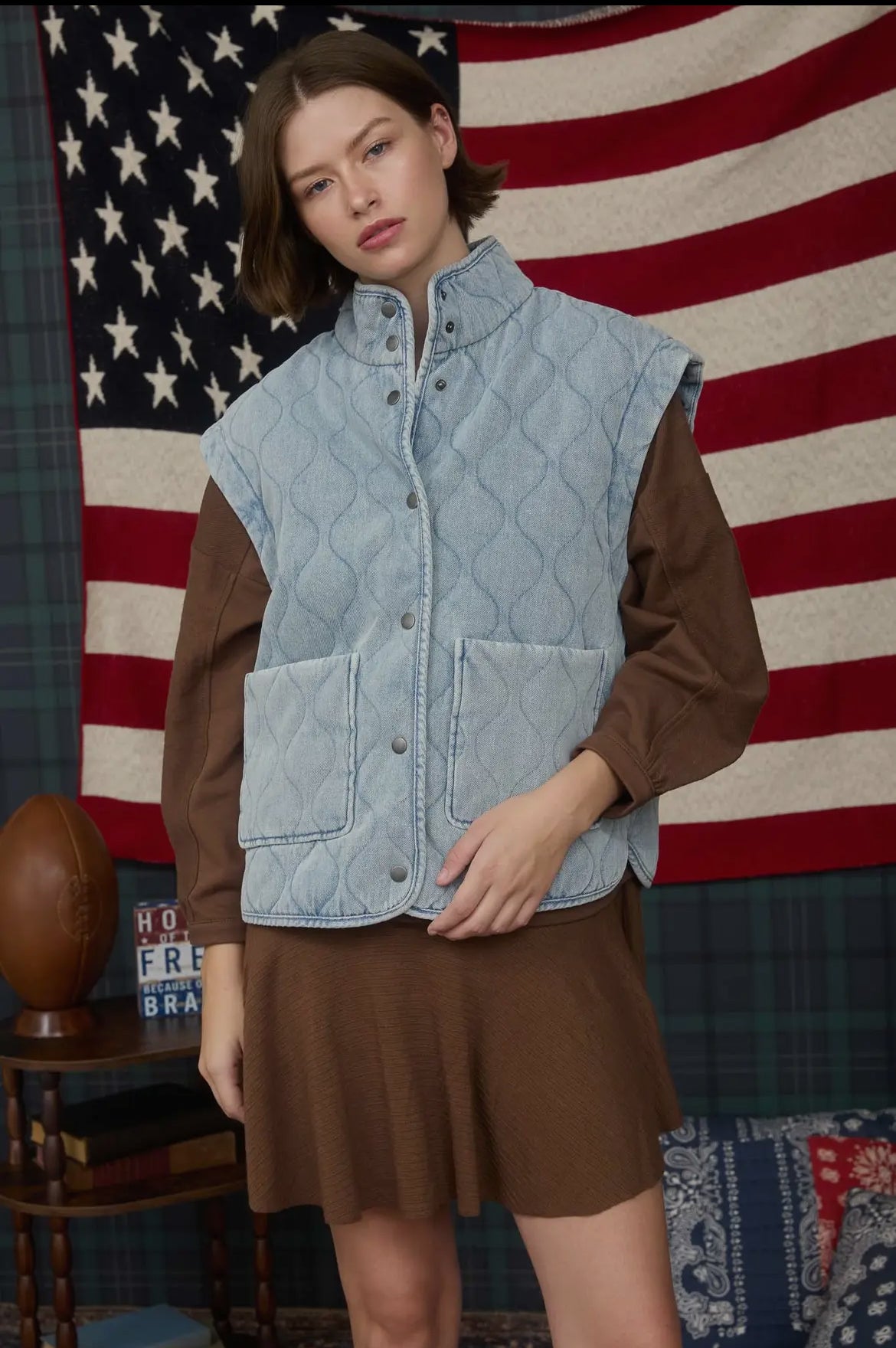 Washed Denim Quilted Button Down Vest