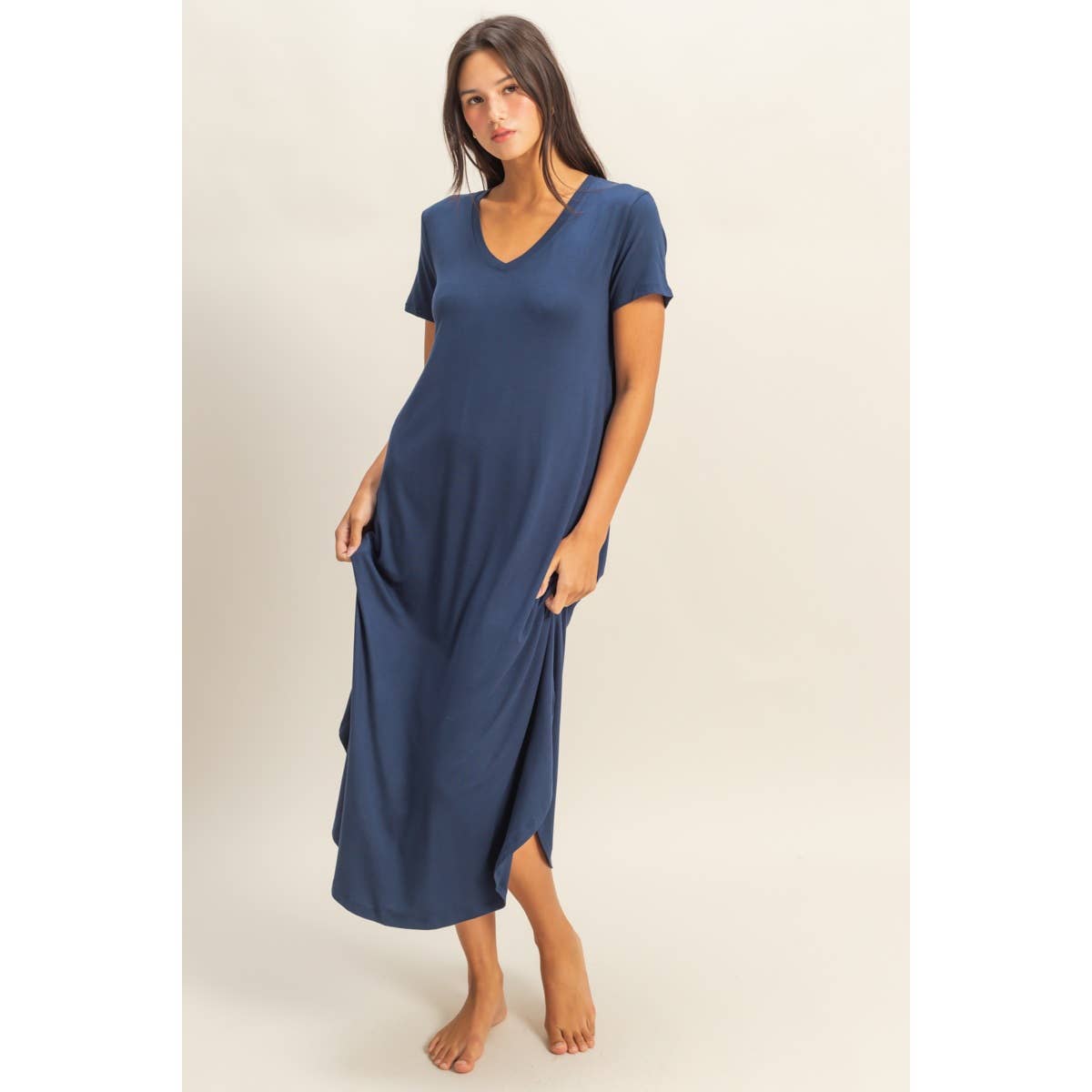 V-Neck Short Sleeve Midi Dress