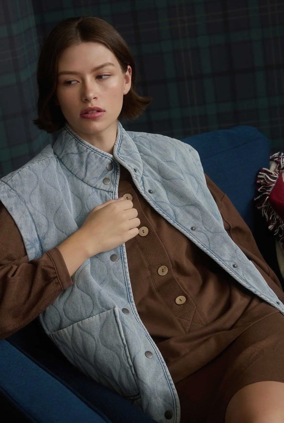 Washed Denim Quilted Button Down Vest