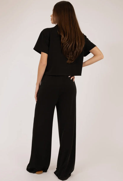 Tie- Front Collared V Neck Cropped Blouse