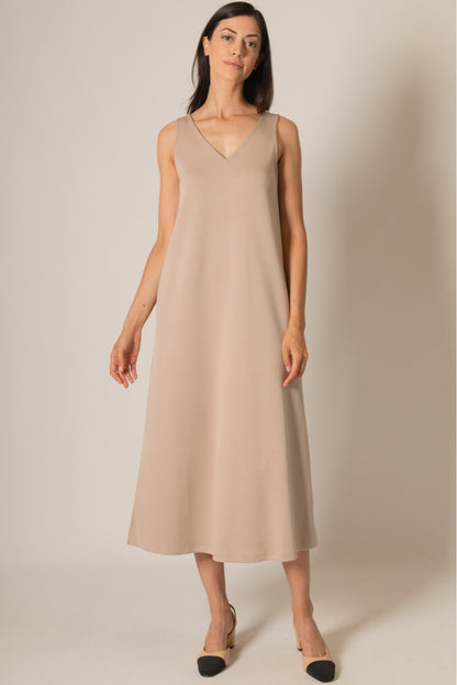 P. CILL Butter Modal V-Neck Sleeveless Midi Dress- Taupe