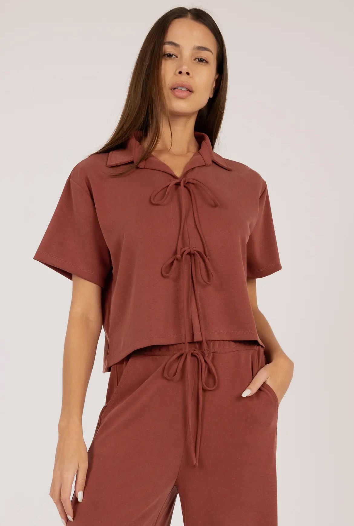 Tie- Front Collared V Neck Cropped Blouse