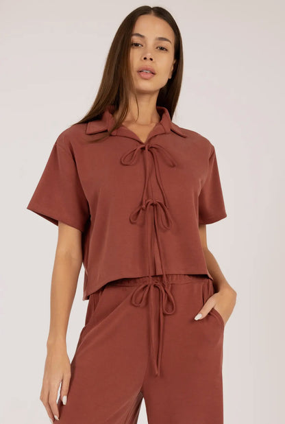 Tie- Front Collared V Neck Cropped Blouse