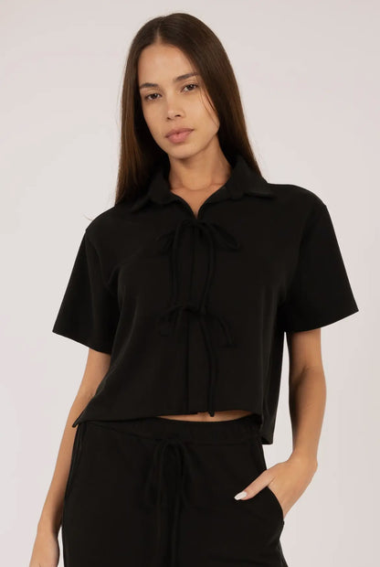 Tie- Front Collared V Neck Cropped Blouse