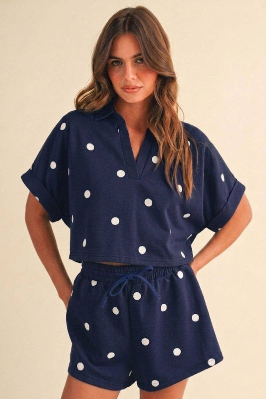 POLKADOT CROPPED SHORT SLEEVE COLLARED TOP AND SHORTS