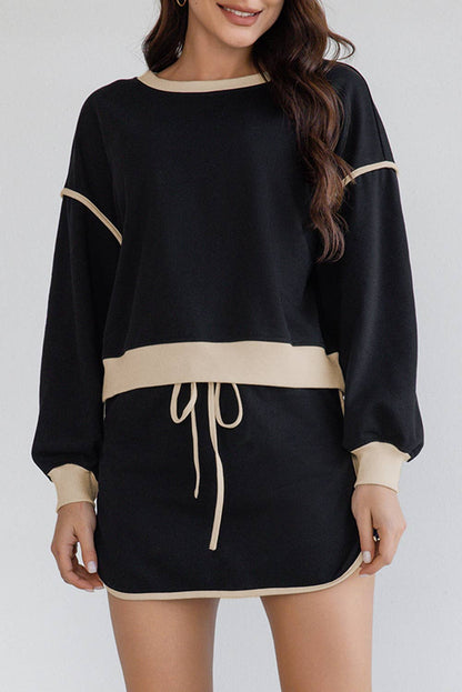 Contrast Loose Pullover Top and Lace-up Waist Skirt Set