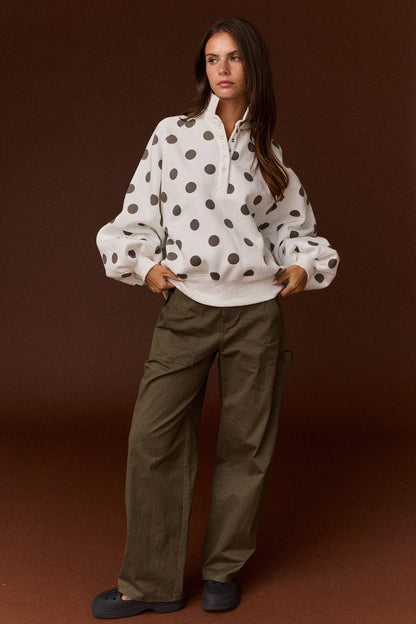 Collar Half-Snap Button  Polka Dot Sweatshirt
