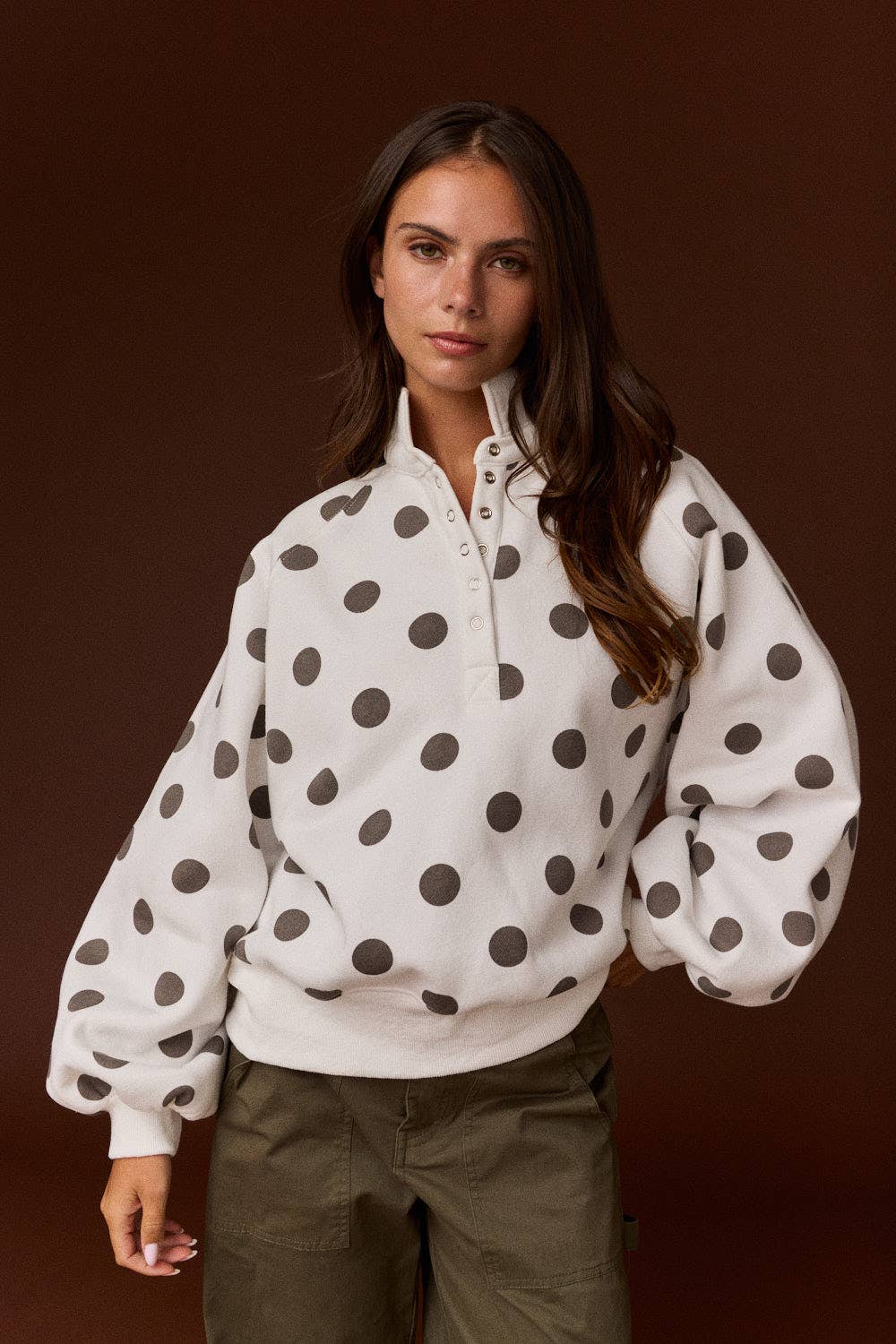 Collar Half-Snap Button  Polka Dot Sweatshirt