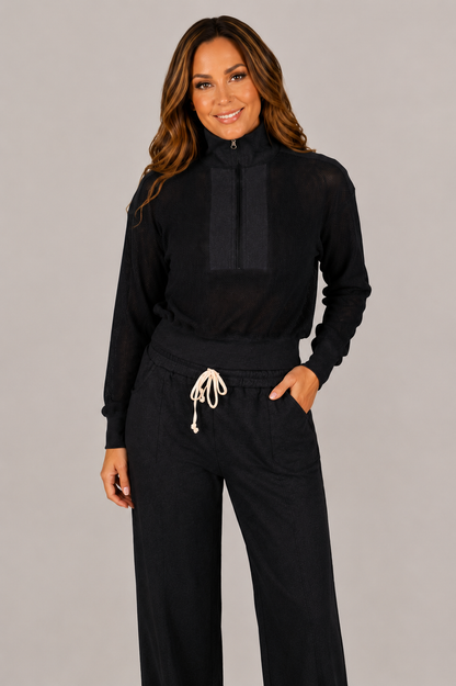 Cotton Mesh Half Zip Mock Neck Sweatshirt