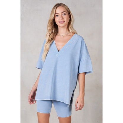 V-Neck Drop Shoulder Half Sleeve Boxy T-Shirt Mineral Wash Indigo