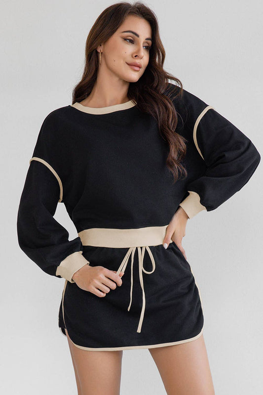 Contrast Loose Pullover Top and Lace-up Waist Skirt Set