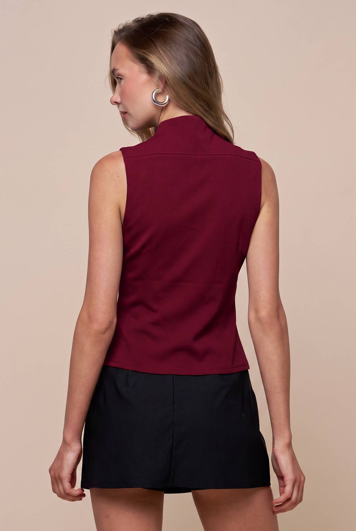 Zip Up Curved Open Neckline Sleeveless Blouse Burgundy