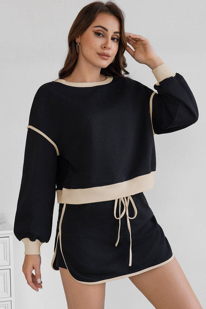 Contrast Loose Pullover Top and Lace-up Waist Skirt Set