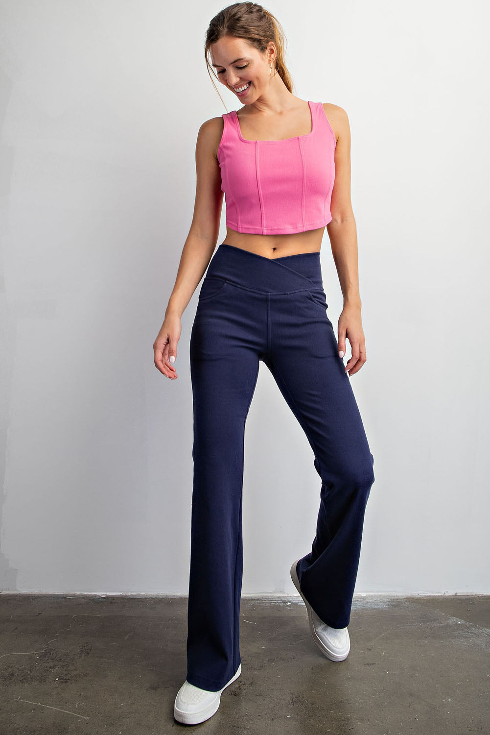 COTTON STRETCH TWILL FLARED CROSSOVER WAIST PANTS