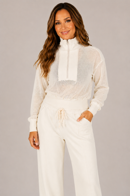 Cotton Mesh Half Zip Mock Neck Sweatshirt