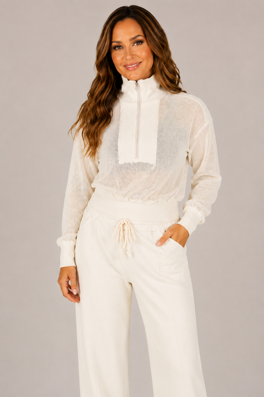 Cotton Mesh Half Zip Mock Neck Sweatshirt