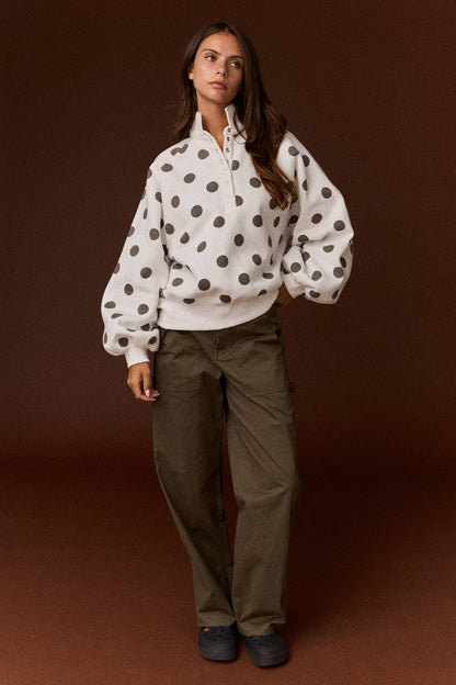 Collar Half-Snap Button  Polka Dot Sweatshirt