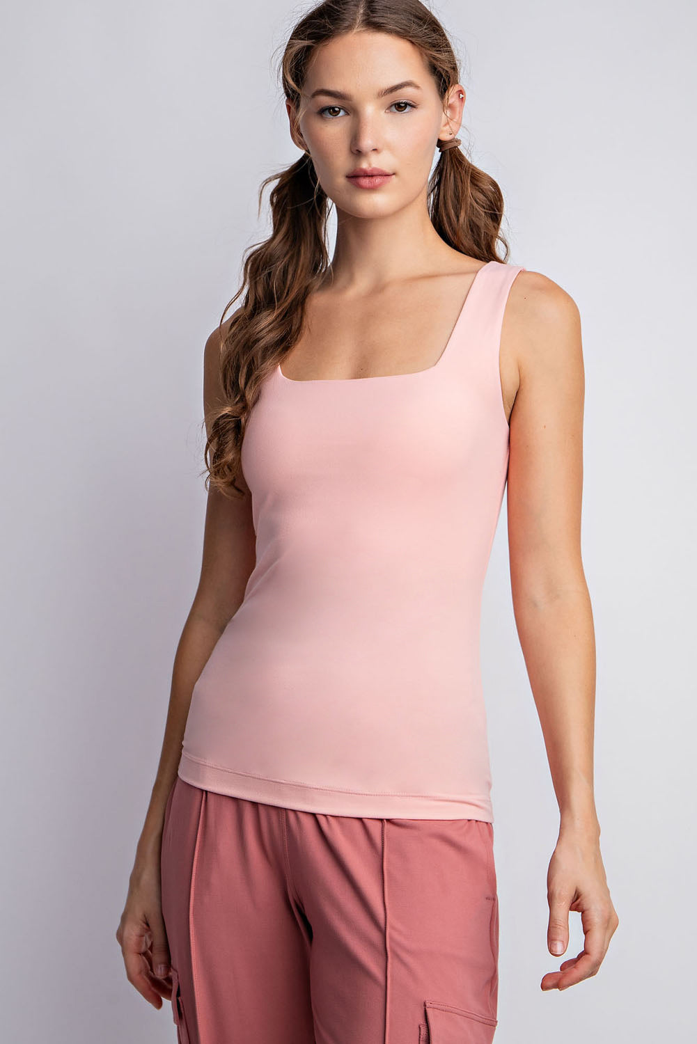 🚨 Pre-Order Only 🚨BUTTER FABRIC SQUARE NECKLINE SLEEVELESS TANK TOP- Sweet Pink