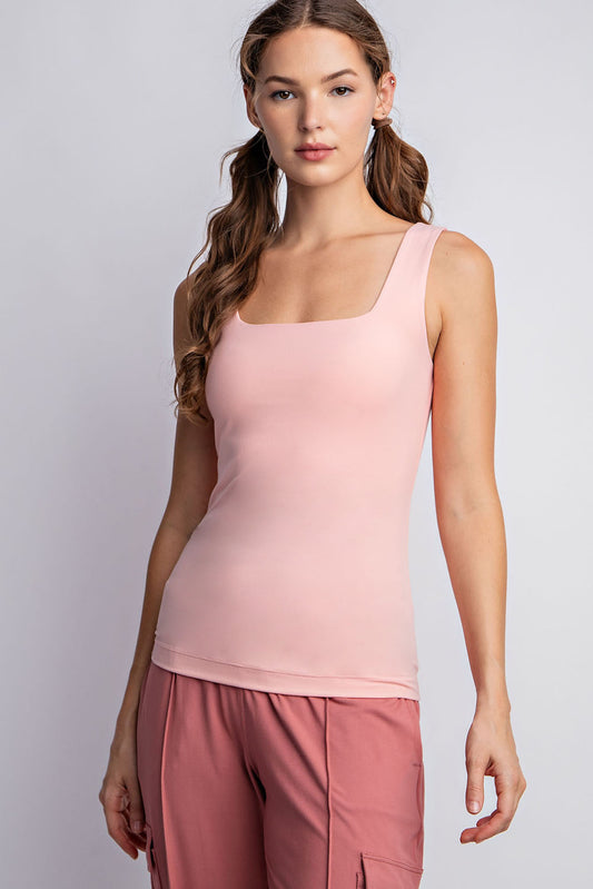 BUTTER FABRIC SQUARE NECKLINE SLEEVELESS TANK TOP- Sweet Pink