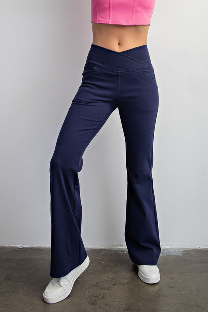 COTTON STRETCH TWILL FLARED CROSSOVER WAIST PANTS