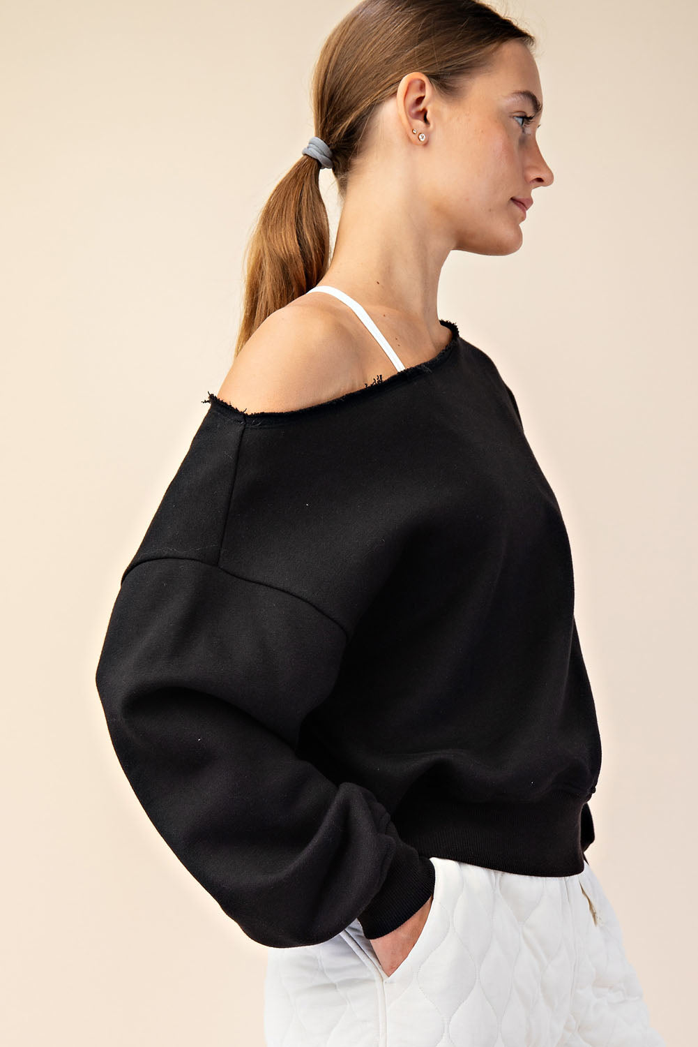 FRENCH TERRY FLEECE OFF SHOULDER SWEATSHIRT