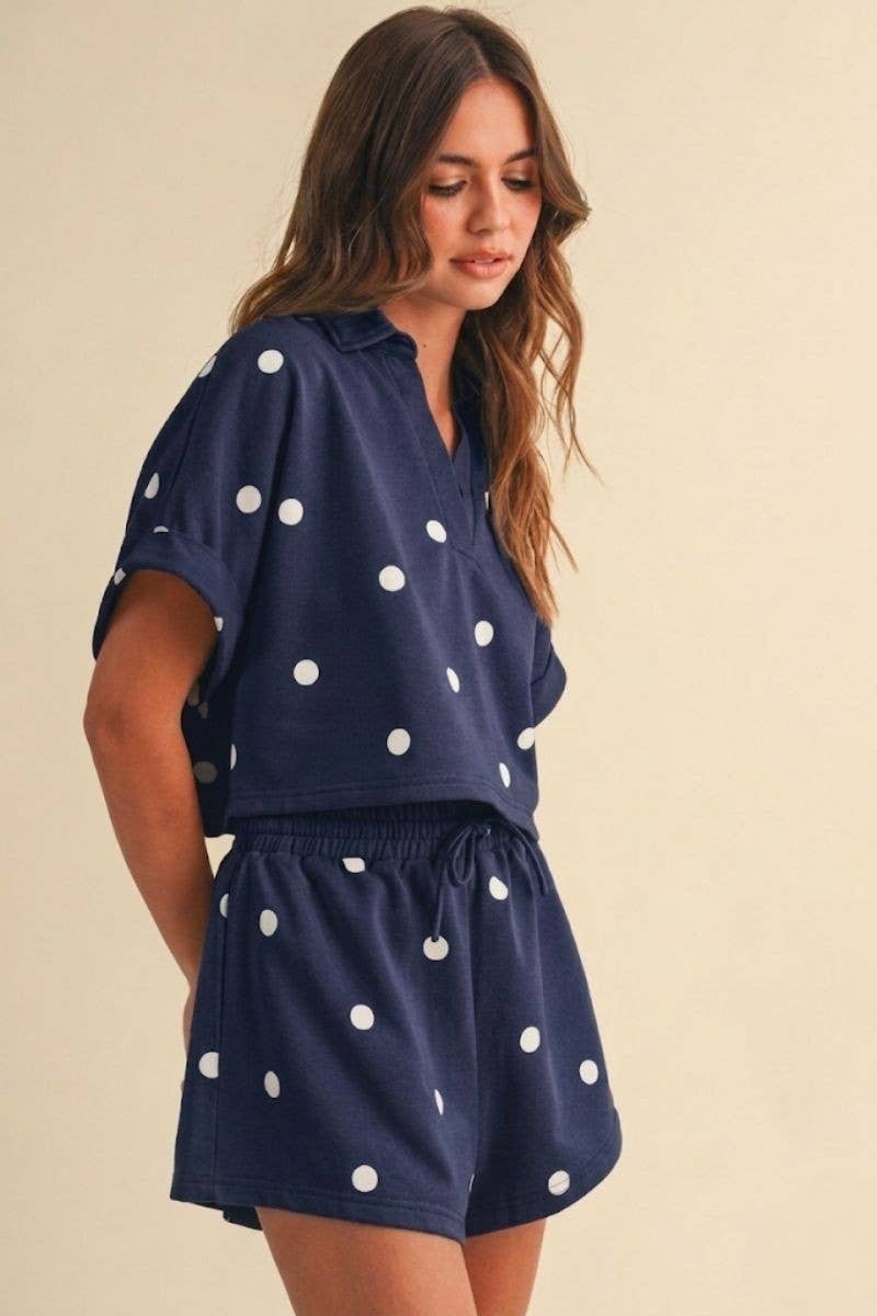 POLKADOT CROPPED SHORT SLEEVE COLLARED TOP AND SHORTS