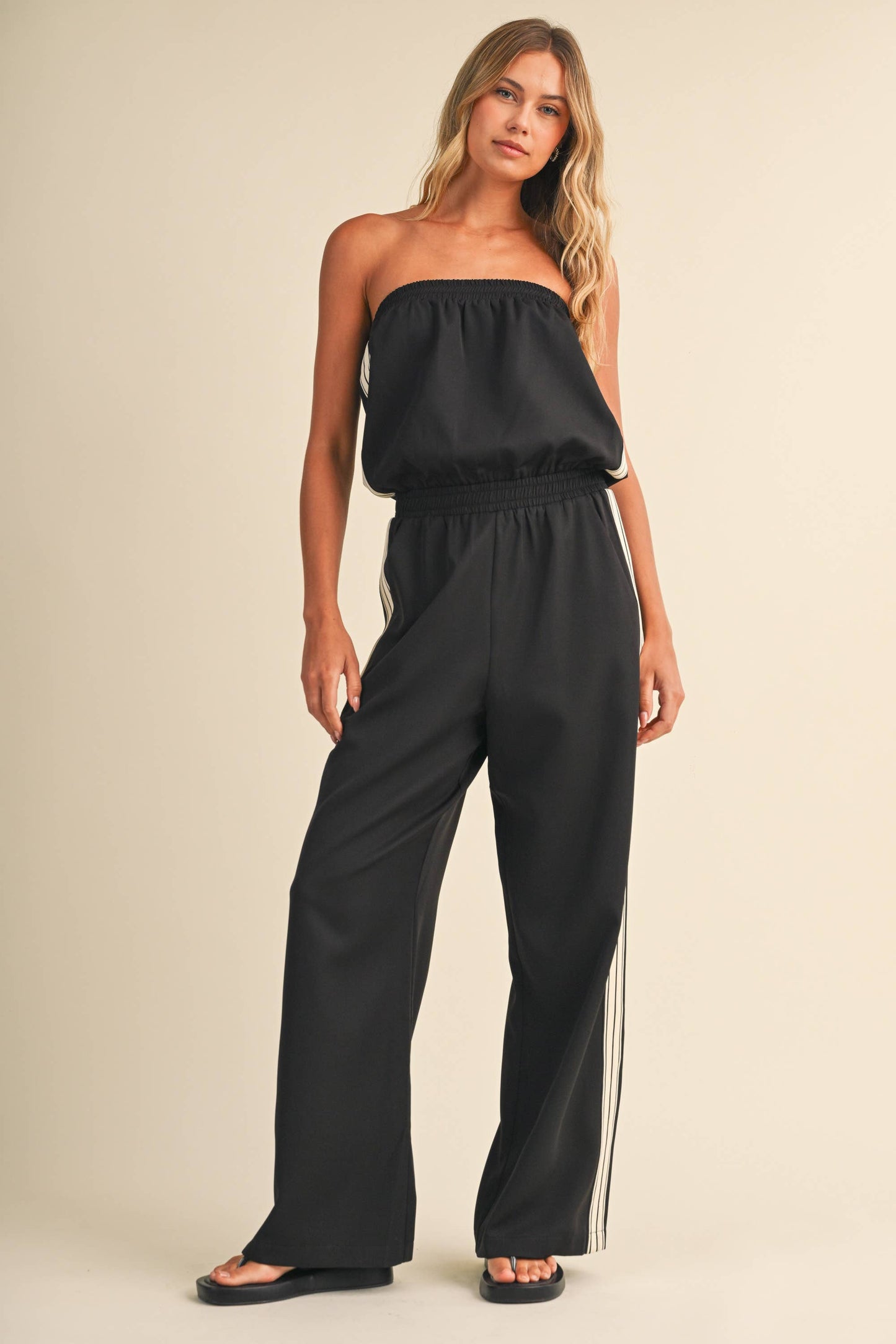 STRAPLESS STRIPE TRIM JUMPSUIT