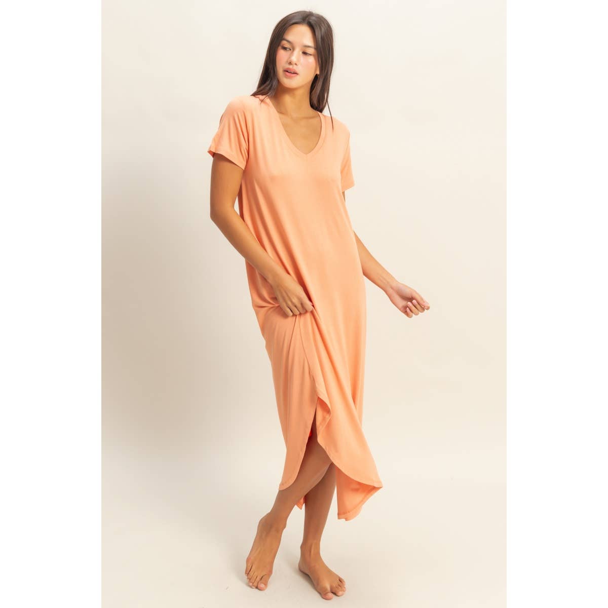 V-Neck Short Sleeve Midi Dress